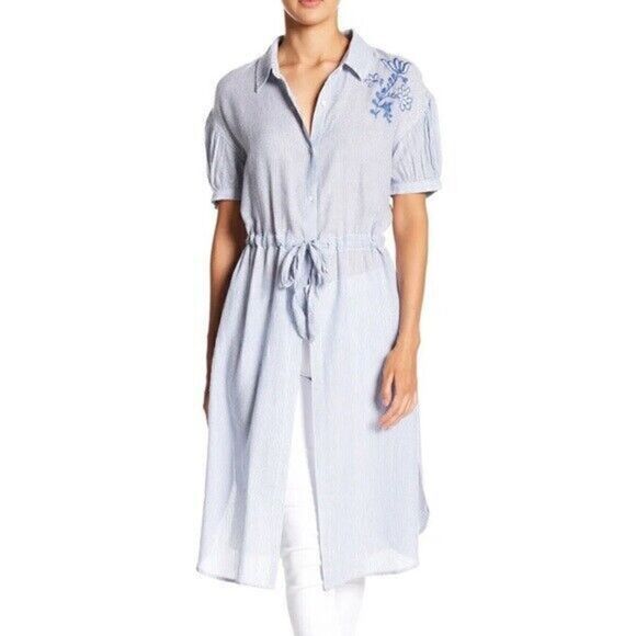 H-151 Susina soft Striped Embroidered Tunic Top BLUE WHITE sz S - Picture 1 of 1